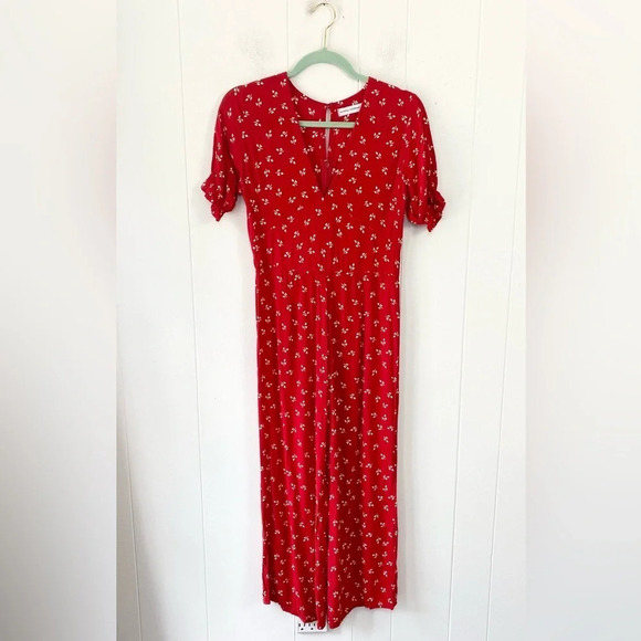 Faithfull The Brand Womens 4 S Red White Mallory Floral Short Sleeve Jumpsuit - Picture 2 of 16